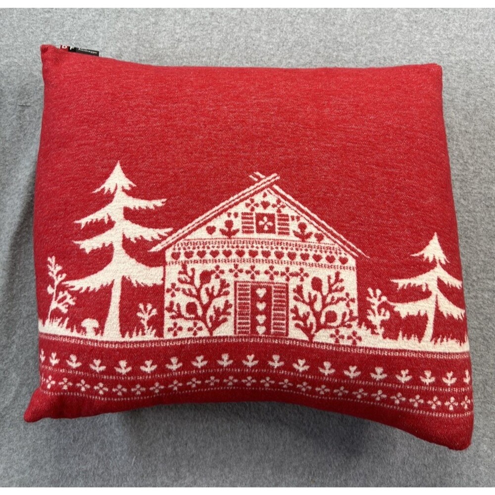 David Fussenegger Alpine Chalet Red Cottage Pine Tree Winter HolidayThrow Pillow